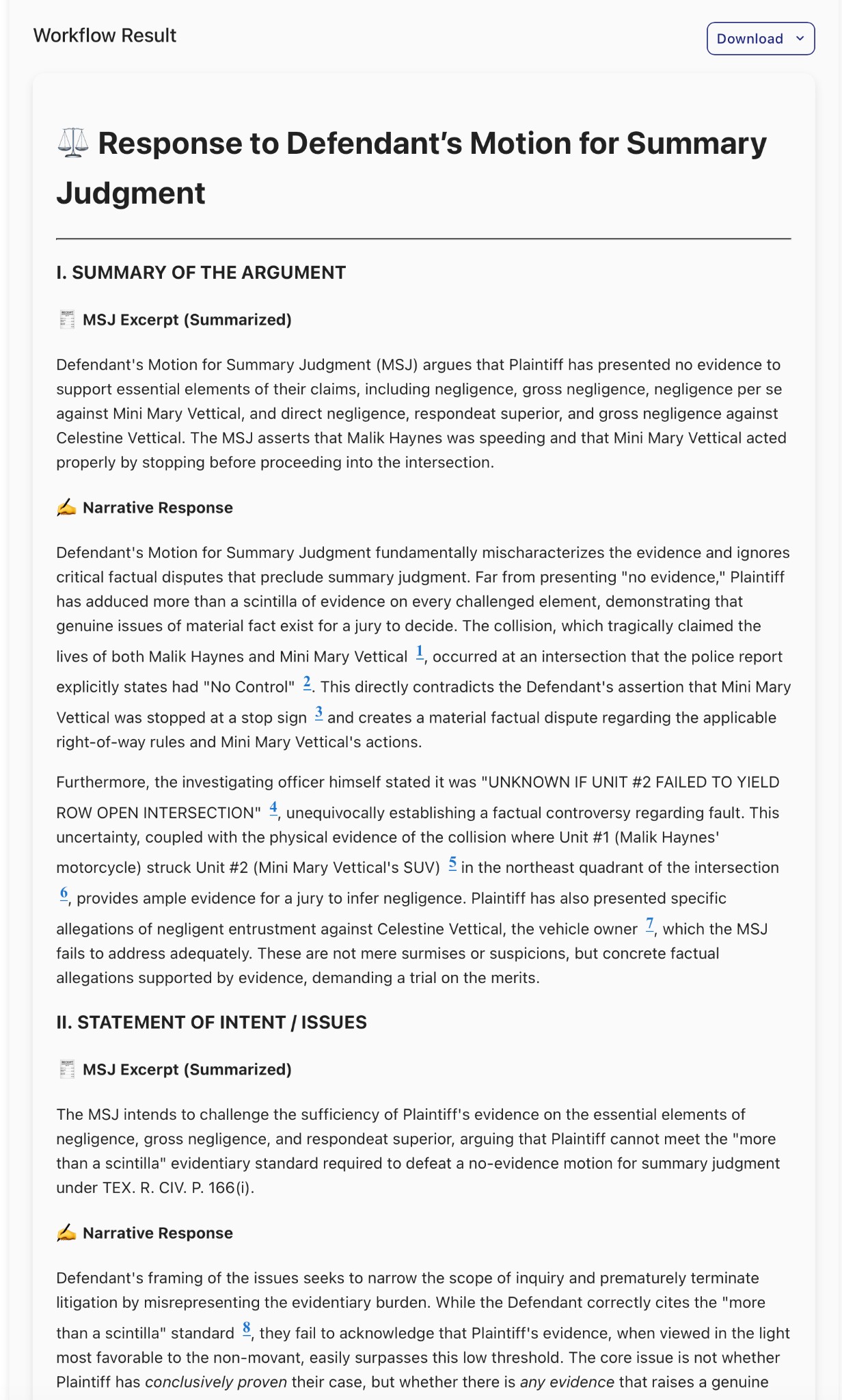 MSJ Response Outline sample
